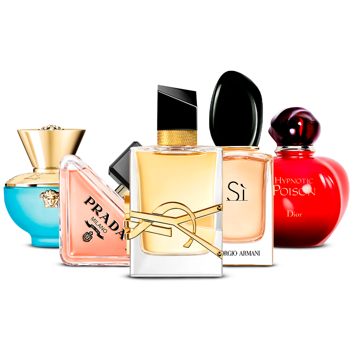 Set de 5 Perfumes – Versace Dylan Turquoise, Prada Paradoxe, Yves Saint Laurent Libre, Giorgio Armani Sì i Dior Hypnotic Poison [100 ml cada uno]