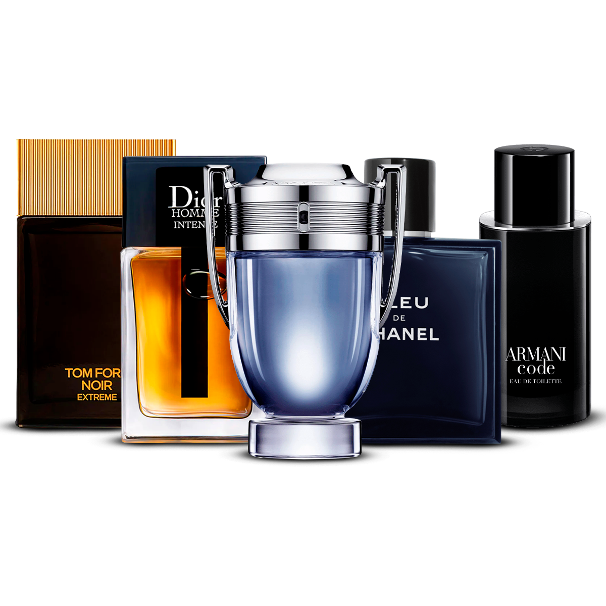 Set de 5 Perfumes – Tom Ford Noir Extrême, Dior Homme Intense, Invictus, Bleu de Chanel i Armani Code [100 ml cada uno]